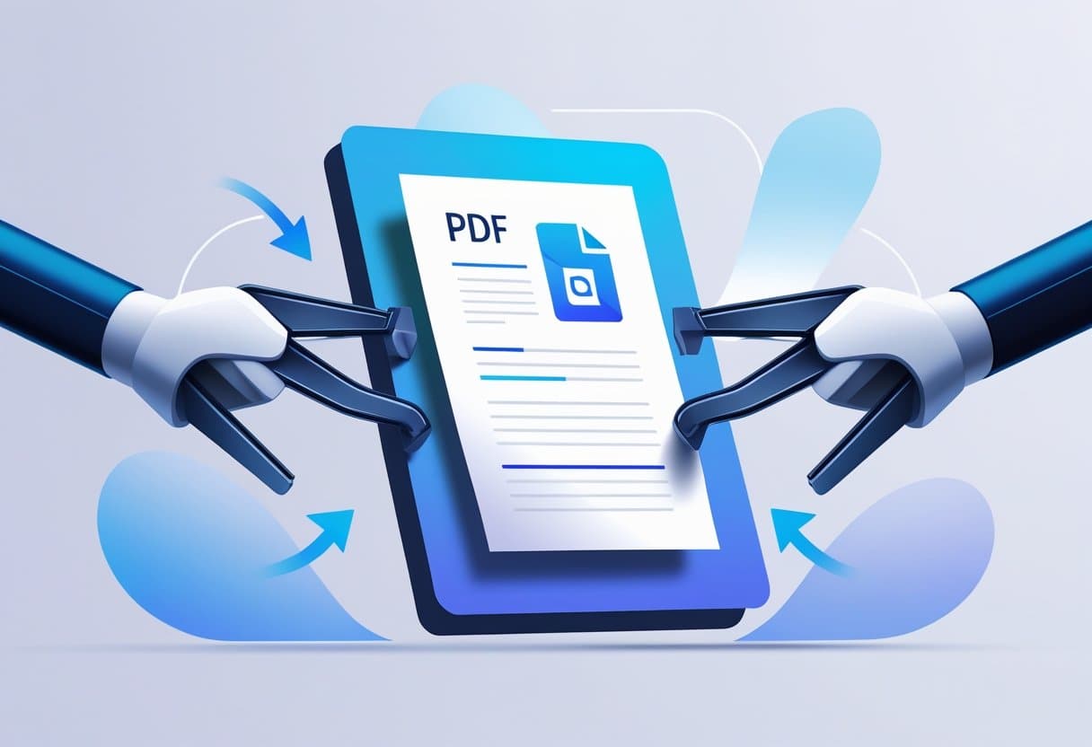 A digital document being compressed by two mechanical clamps with arrows pointing inward, symbolizing reducing the size of a PDF file.