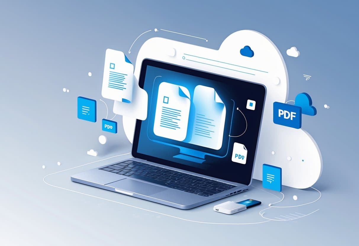 A modern workspace with a laptop showing a document icon transforming into a PDF icon surrounded by digital symbols representing online file conversion.