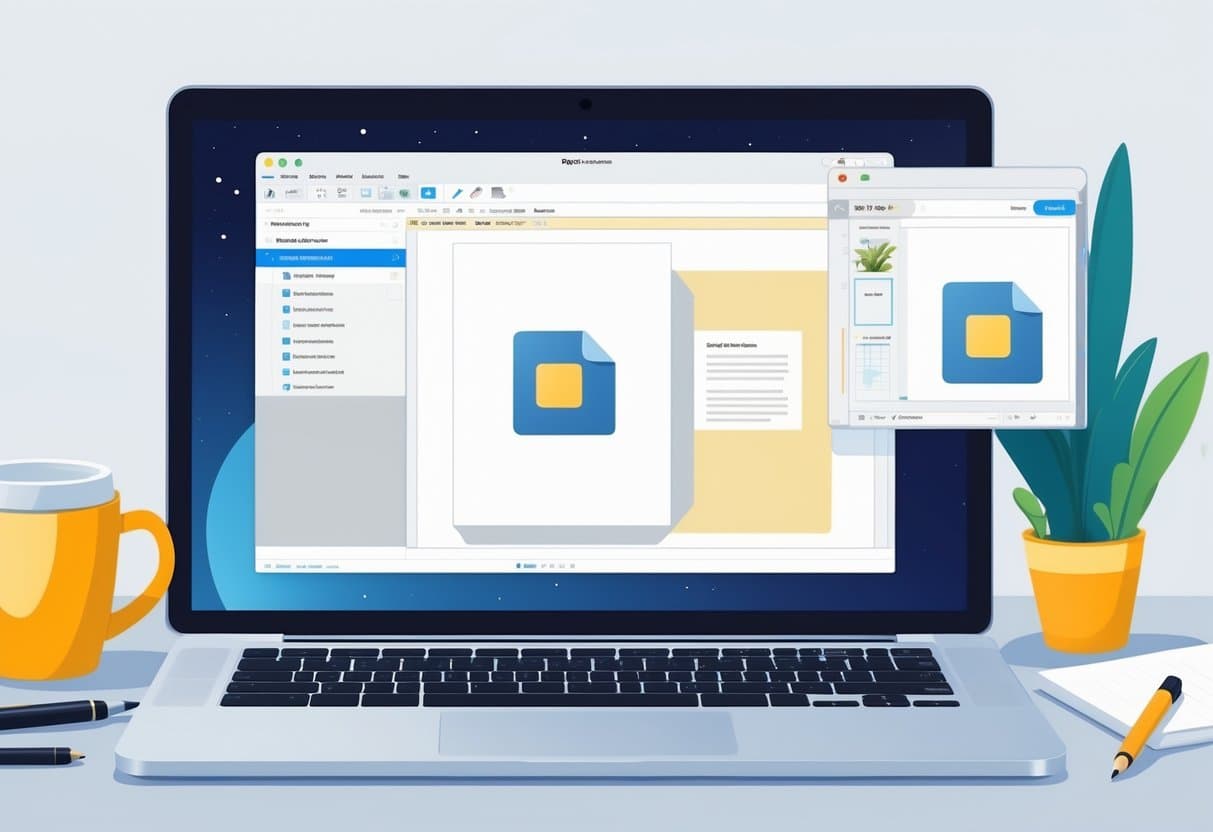 A laptop showing a PDF editing interface with an image being added to a PDF page on the screen.