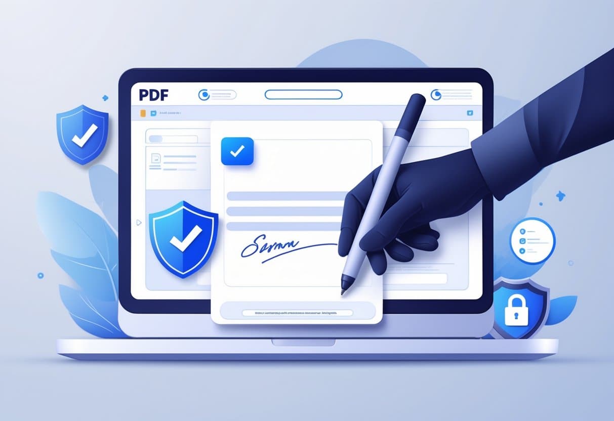 A computer screen showing a PDF document with a digital pen poised to sign a highlighted signature area, surrounded by icons representing security and approval.