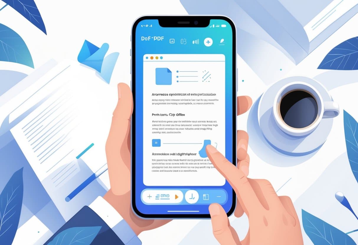 A hand holding a smartphone displaying a PDF document with editing tools visible on the screen.