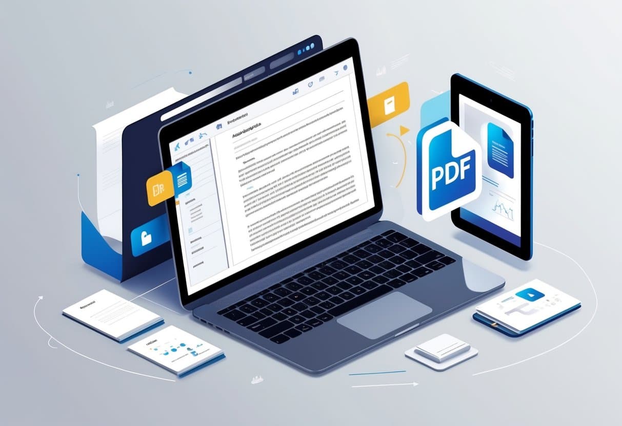 A workspace with a laptop showing a document editor and a tablet displaying a PDF icon with arrows indicating file conversion.