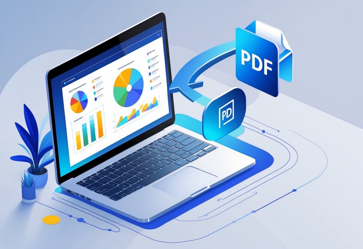 A laptop on a desk with a PowerPoint file on the screen and an arrow pointing to a PDF icon, symbolizing file conversion.