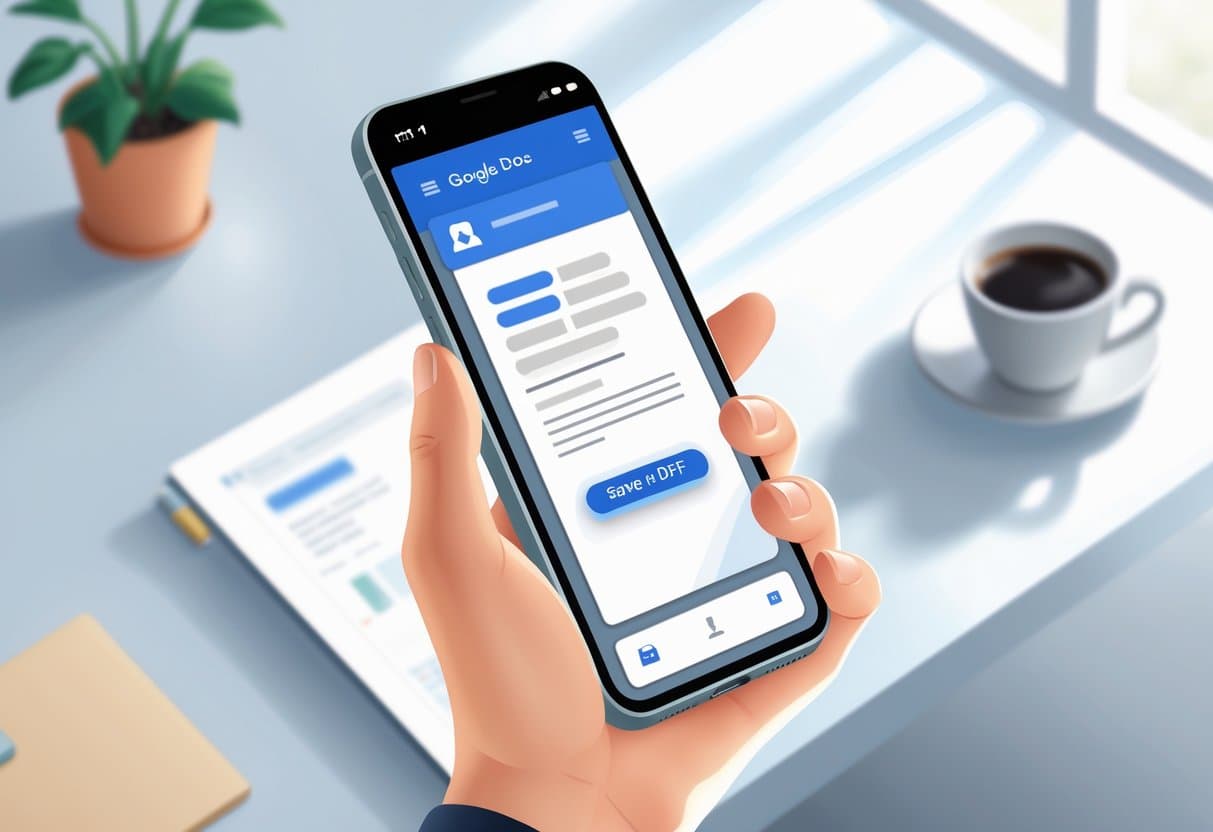 A hand holding a smartphone showing a Google Docs document with a menu open, indicating saving the document as a PDF.
