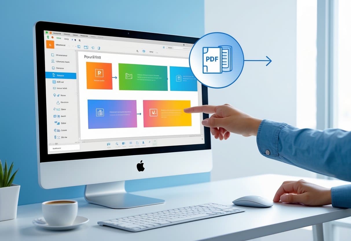 A hand clicking the File menu on a computer showing a PowerPoint window, with an arrow pointing to a PDF icon, on a clean office desk.