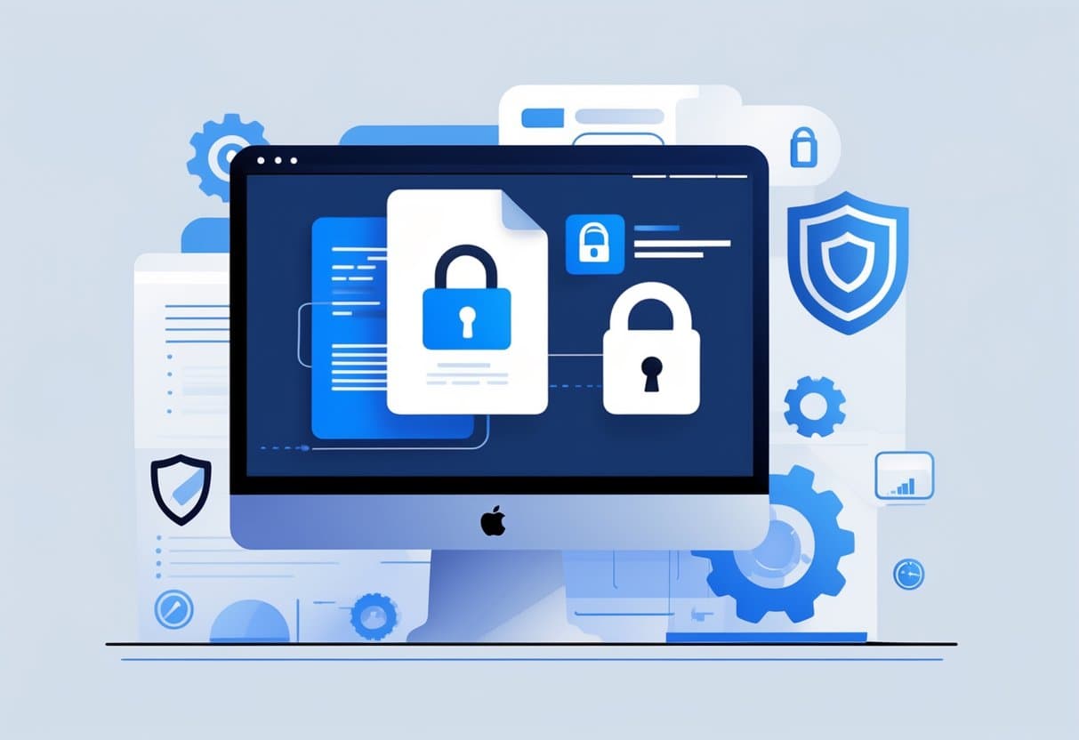 A computer screen showing a PDF document icon with a padlock, surrounded by security symbols and settings icons.