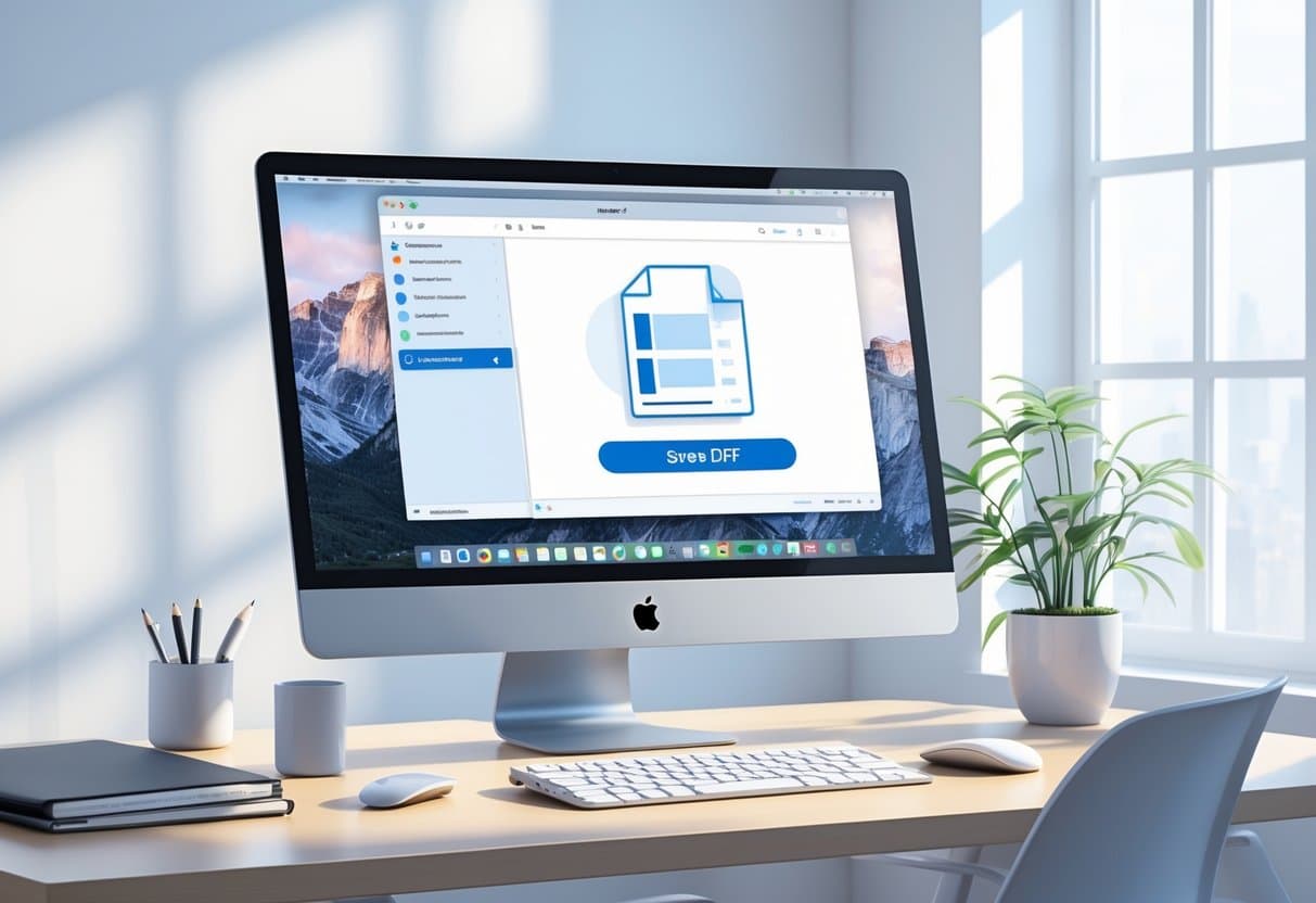 A MacBook laptop on a wooden desk displaying a print dialog with a highlighted save as PDF option, surrounded by office items and natural light.
