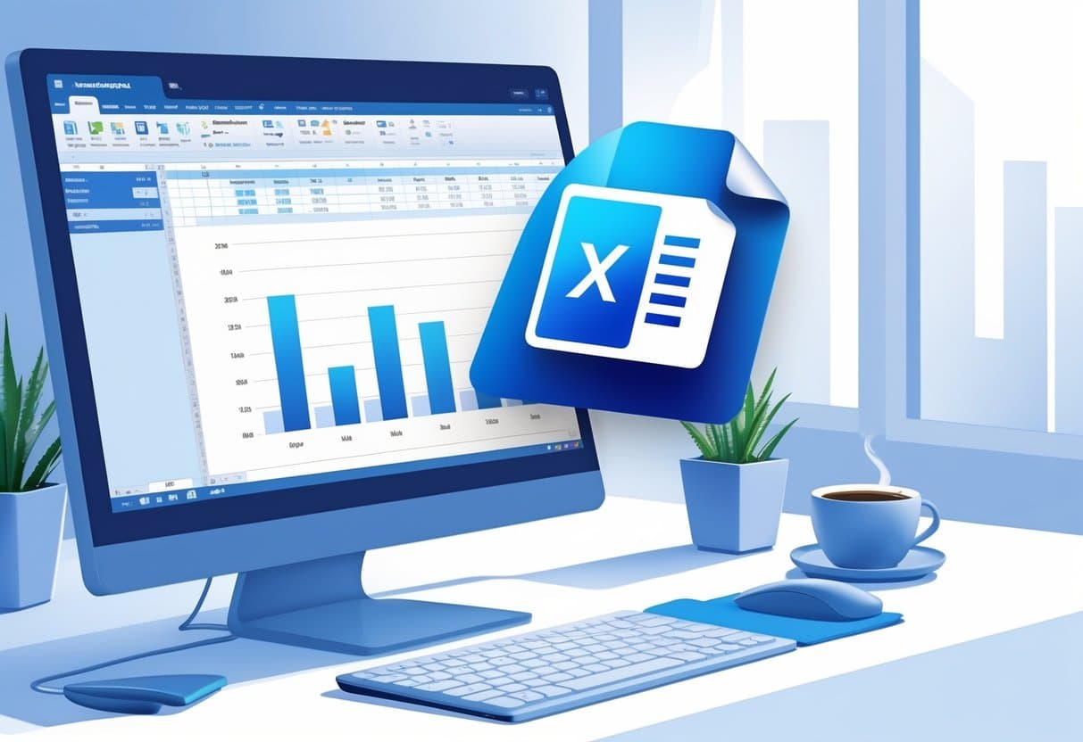 A computer screen showing an Excel spreadsheet with a PDF document icon being inserted into it, surrounded by office items like a keyboard and coffee cup.