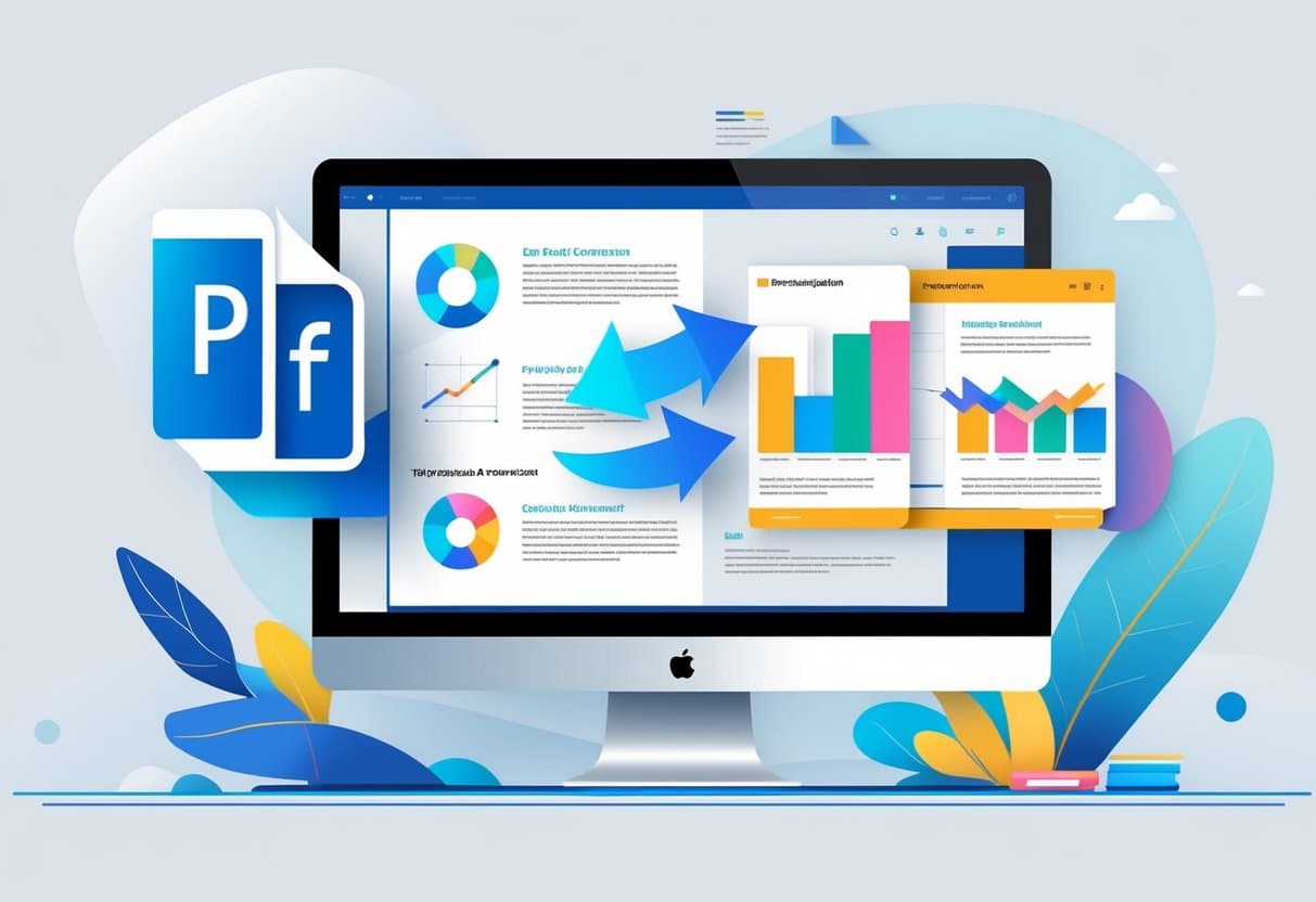 Computer screen showing a PDF icon on the left transforming into a PowerPoint slide deck on the right with arrows indicating conversion.