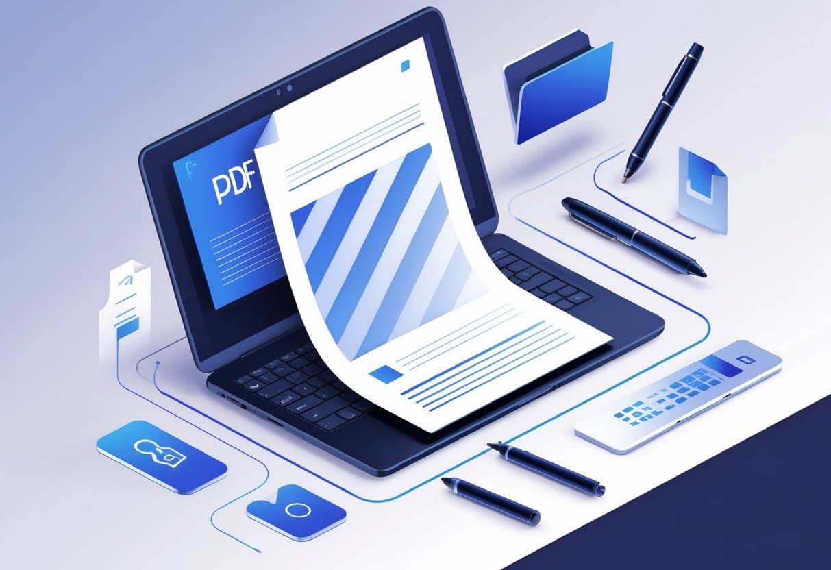 A laptop displaying a PDF document with a faint diagonal watermark over the page, surrounded by icons representing PDF editing tools.