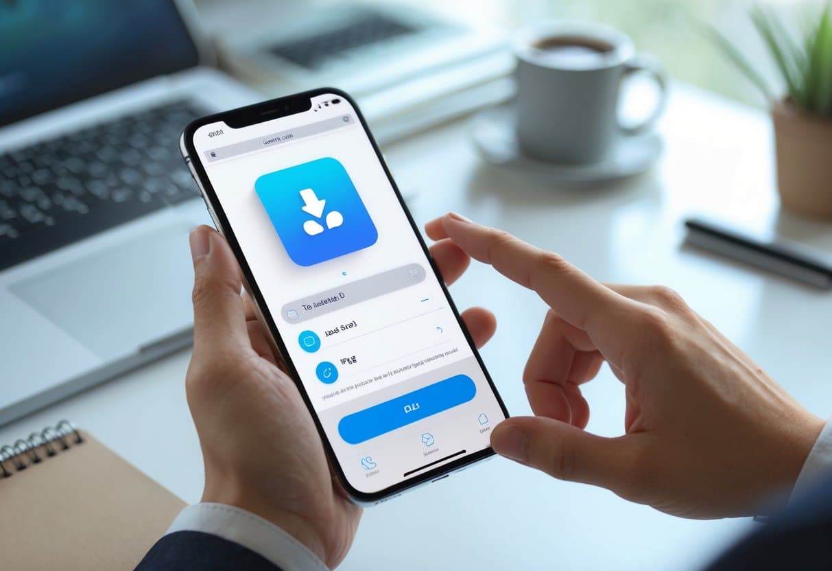 A person holding an iPhone showing a webpage with a PDF icon and a download button on the screen.