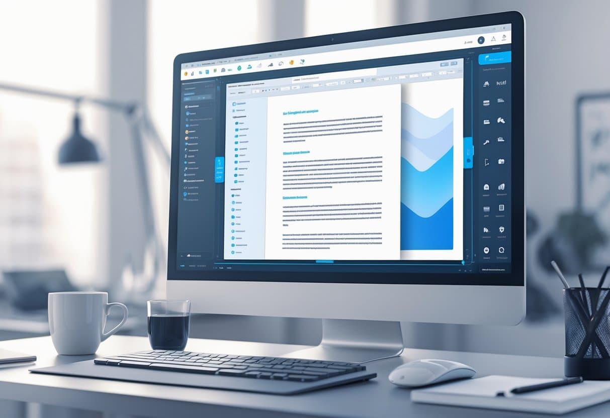 A computer monitor displaying a PDF editing application with editing tools visible, set on a tidy office desk with a keyboard, mouse, coffee cup, and notepad.