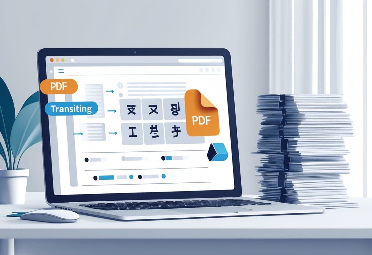 An open laptop on a desk with a PDF icon on the screen and papers beside it showing a transition between different languages.