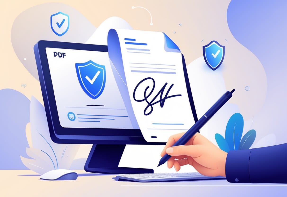 A computer screen showing a PDF document being signed electronically with a digital pen in a clean workspace.
