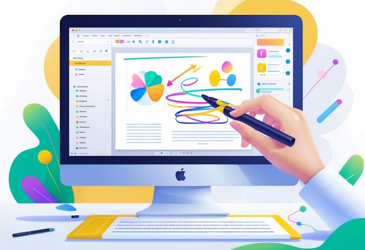 A computer screen showing a PDF document being drawn on with a digital pen, with annotation tools visible around the screen.