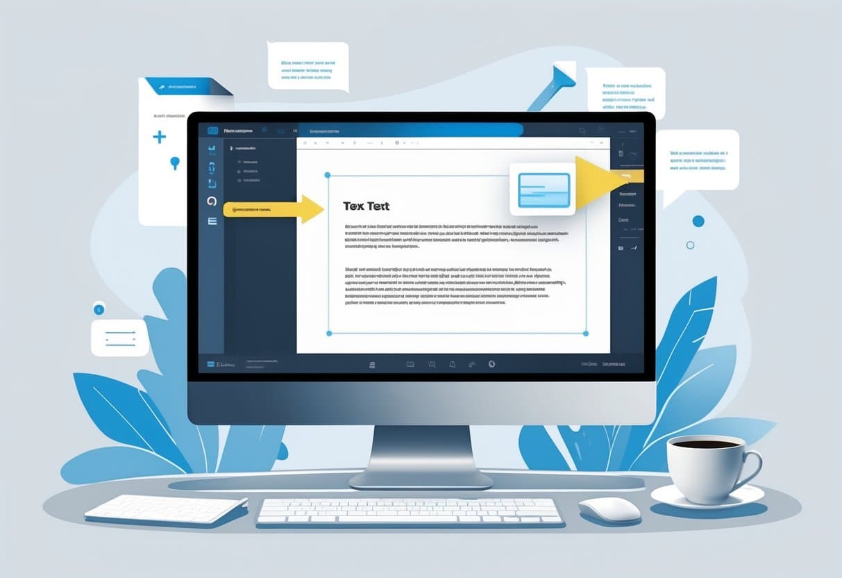 A computer screen showing a digital document with a text selection box and editing cursor, set on a clean desk with a keyboard, mouse, and coffee cup.