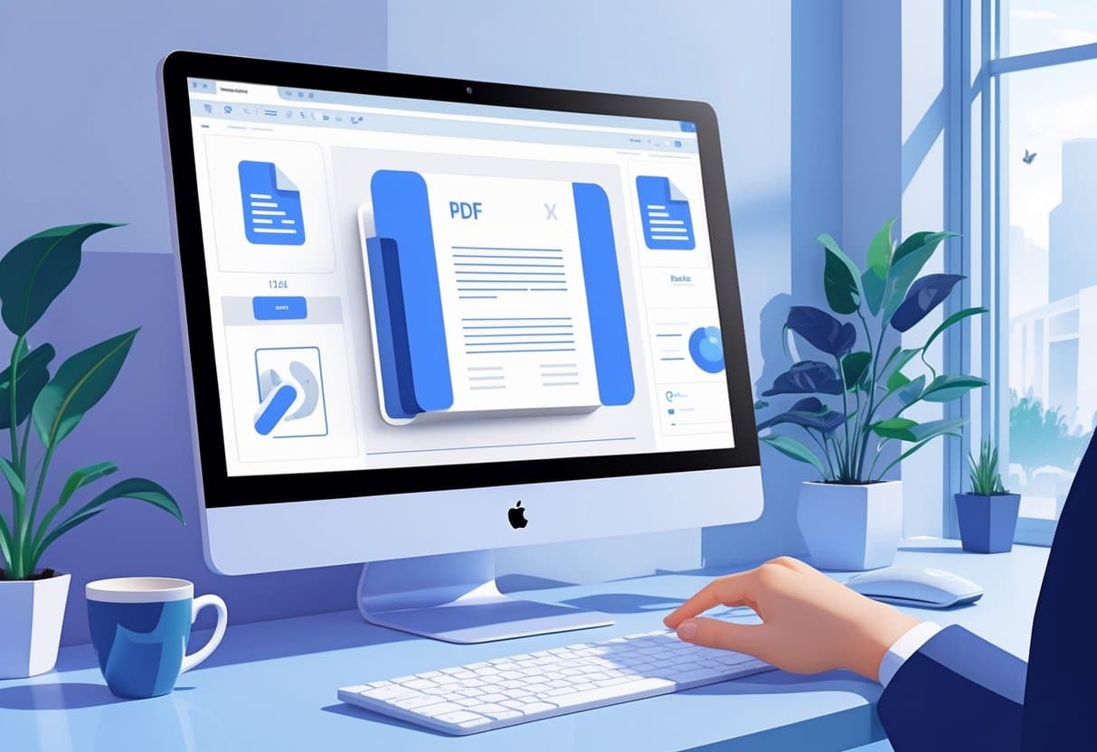 A workspace with a computer screen showing a single page of a PDF selected and a hand clicking a save icon.