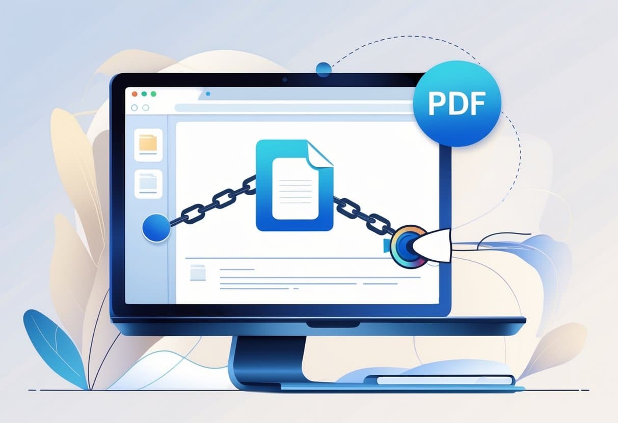 A computer screen showing a PDF icon connected by a chain link symbol, illustrating the creation of a link to a PDF file.