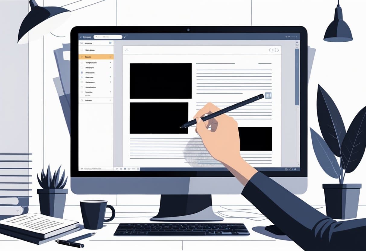 A computer screen showing a PDF document with blacked-out sections, a hand selecting text for redaction, on a tidy office desk.