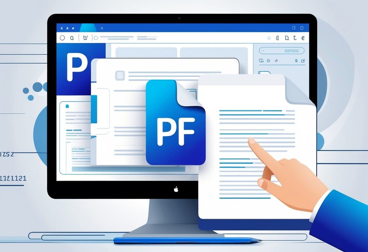 A digital workspace showing a computer screen with a PDF icon and a hand selecting text from a document.