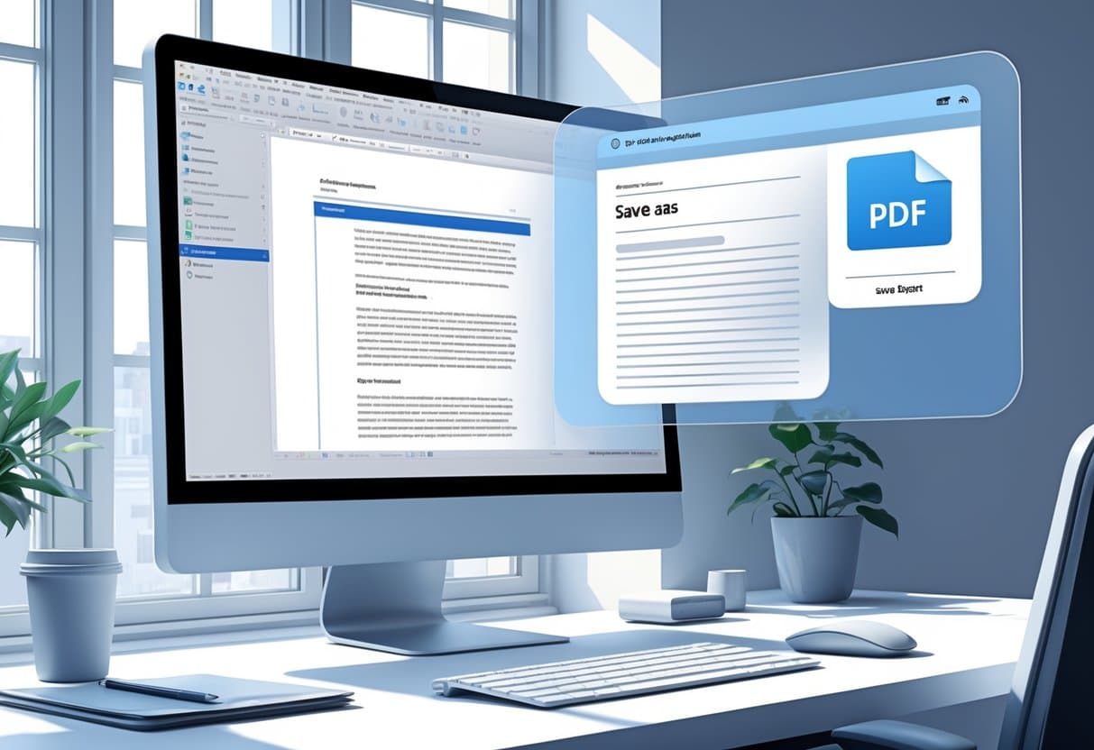 A computer monitor showing a word processing document with a save dialog box selecting PDF format, on a clean desk with office items nearby.