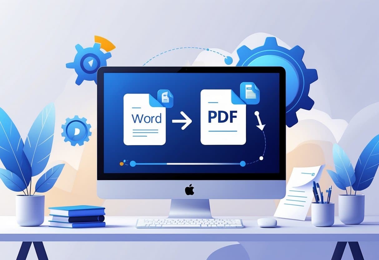 A computer screen showing a Word document icon transforming into a PDF file icon with arrows and progress indicators on a clean workspace.