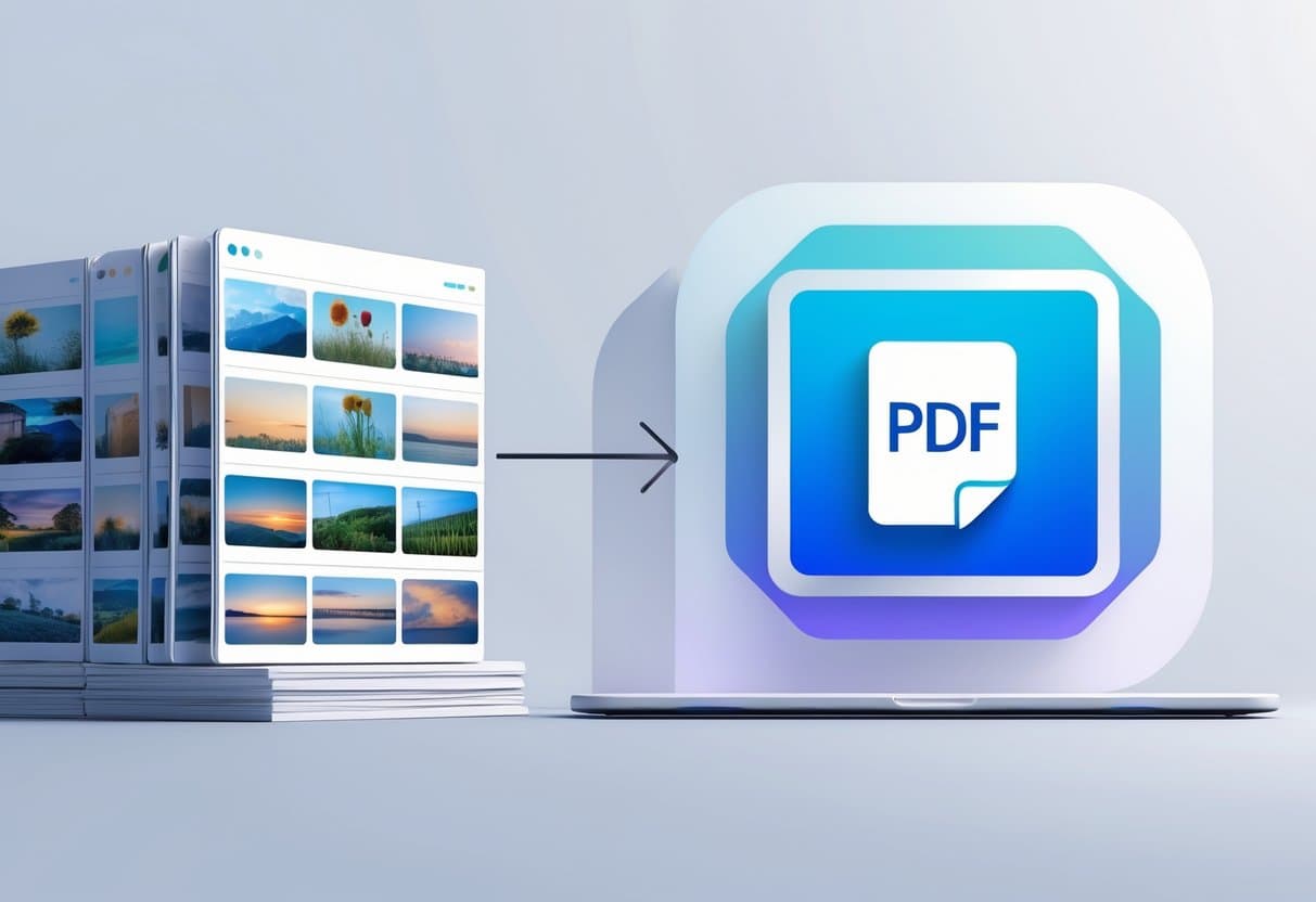 Multiple image thumbnails arranged on the left with an arrow pointing to a single PDF document on the right, illustrating the process of combining images into a PDF.