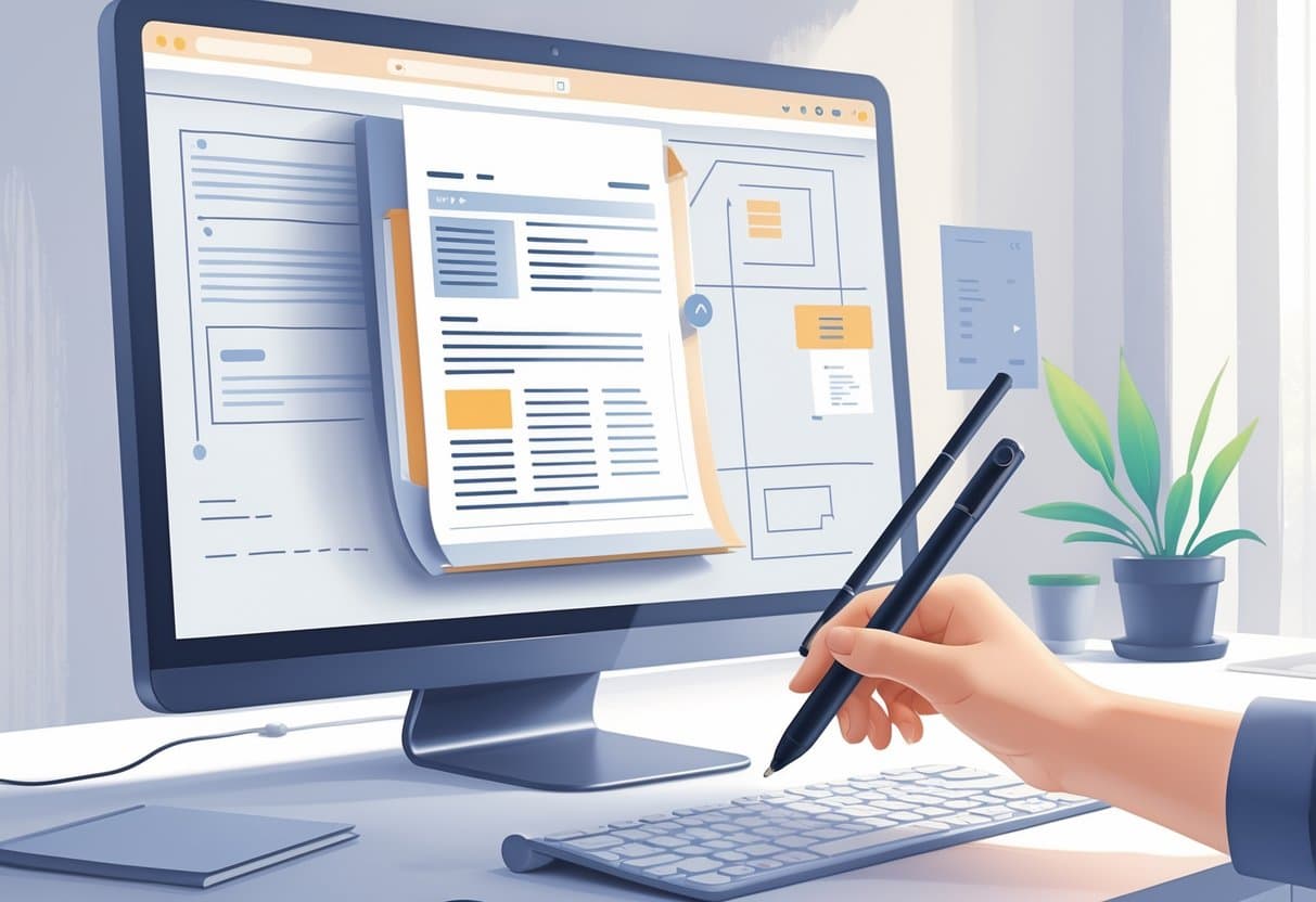 A hand uses a digital pen to type on a PDF document displayed on a computer screen in a clean workspace.
