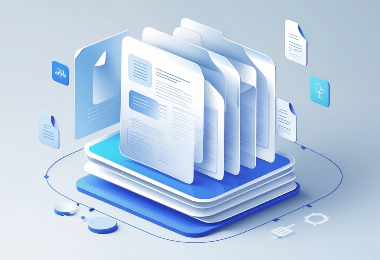 Multiple digital documents merging into one larger document against a clean background.