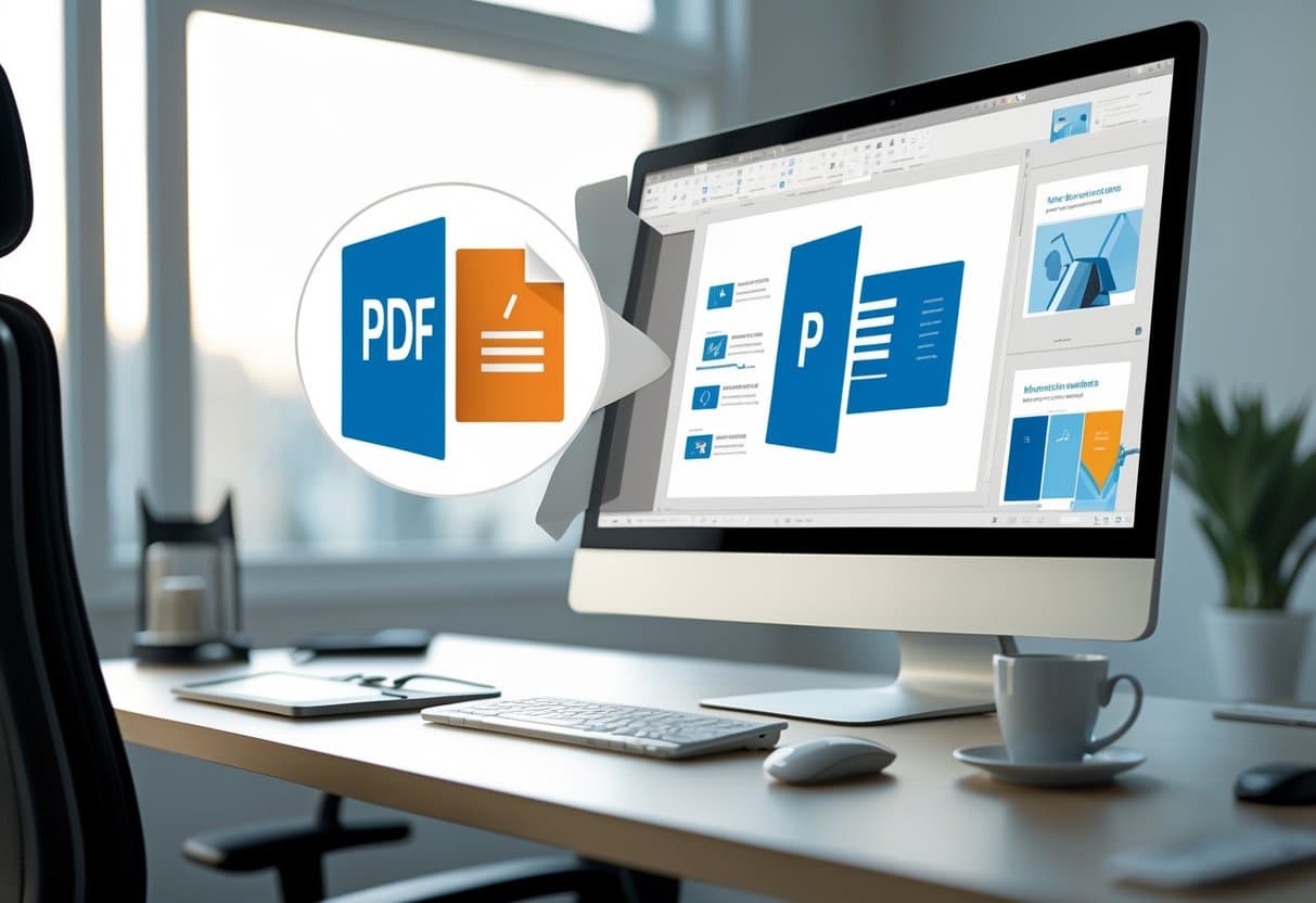 A computer screen showing a PDF icon being added into a PowerPoint presentation on a clean office desk.