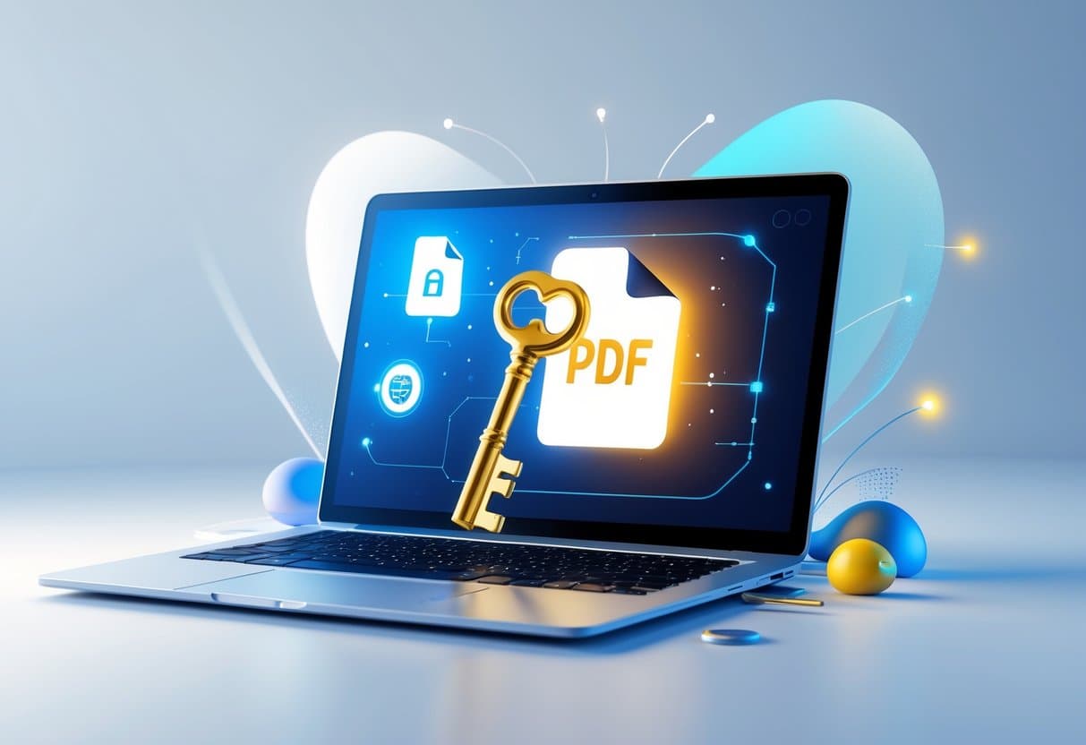 A laptop displaying a glowing PDF icon being unlocked by a large golden key, surrounded by light rays and digital particles.