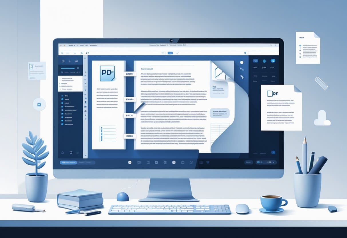 A workspace with a computer monitor showing a PDF document being edited using various tools and highlights.