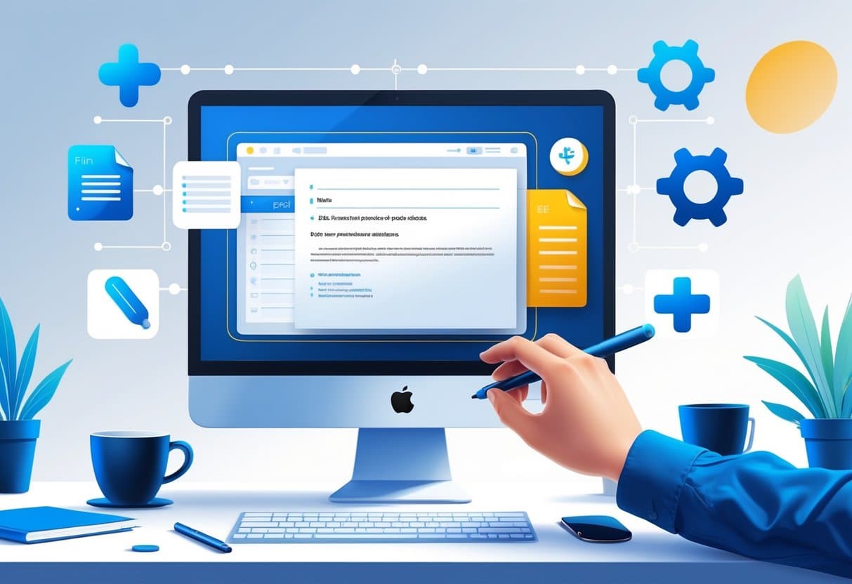 A computer screen showing a PDF document with interactive form fields being added, a hand using a mouse to place elements, and a clean desk setup around it.
