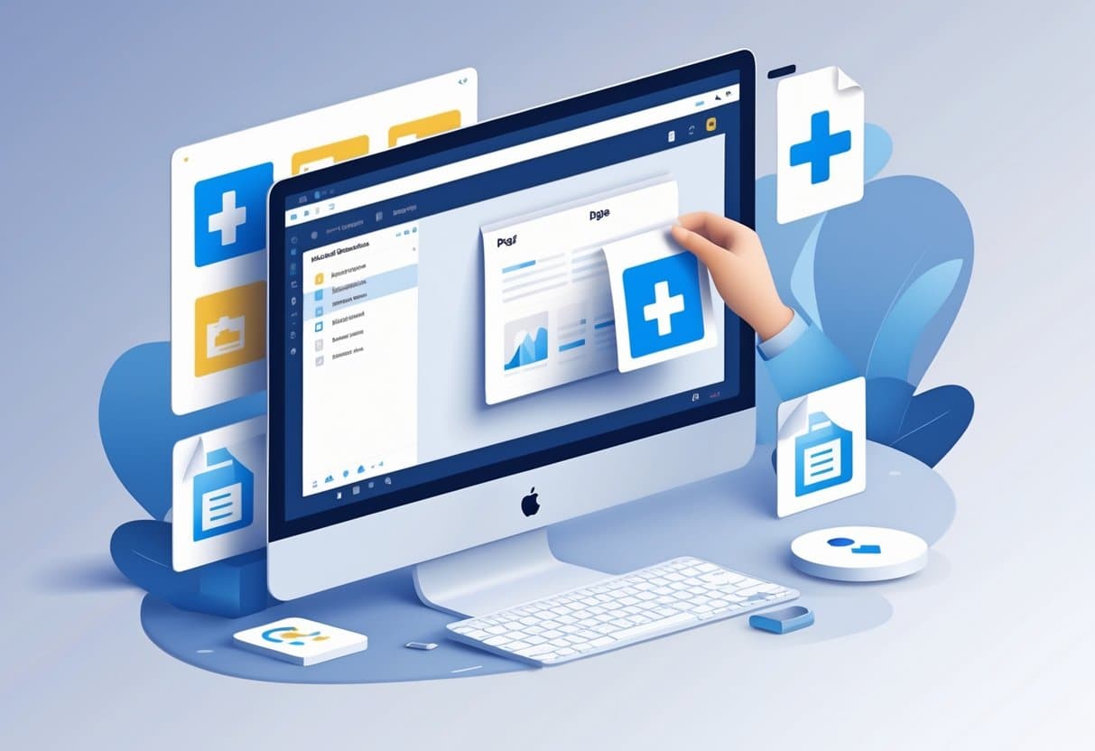 A computer screen showing a PDF viewer with a page being added from a file explorer, illustrating the process of adding pages to a PDF.