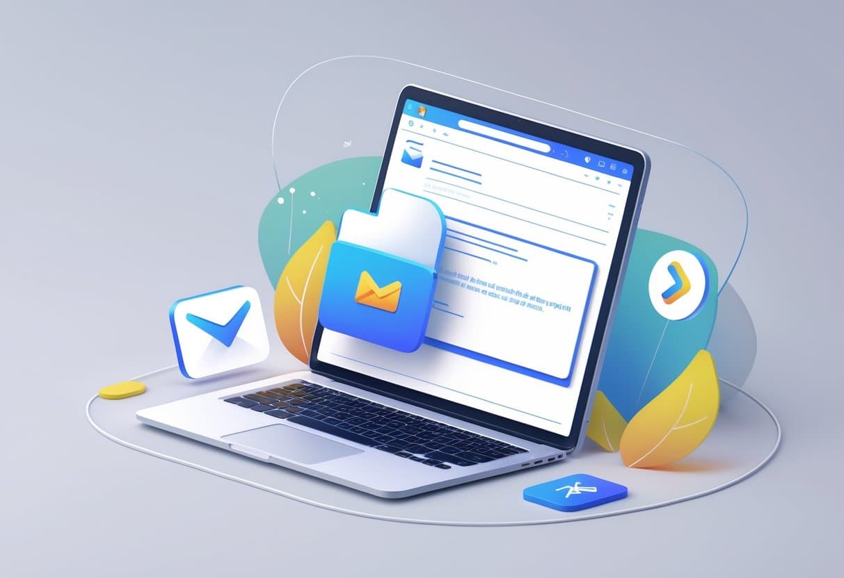 A laptop on a desk showing an email being composed with a PDF icon being attached, surrounded by icons representing email and sending.