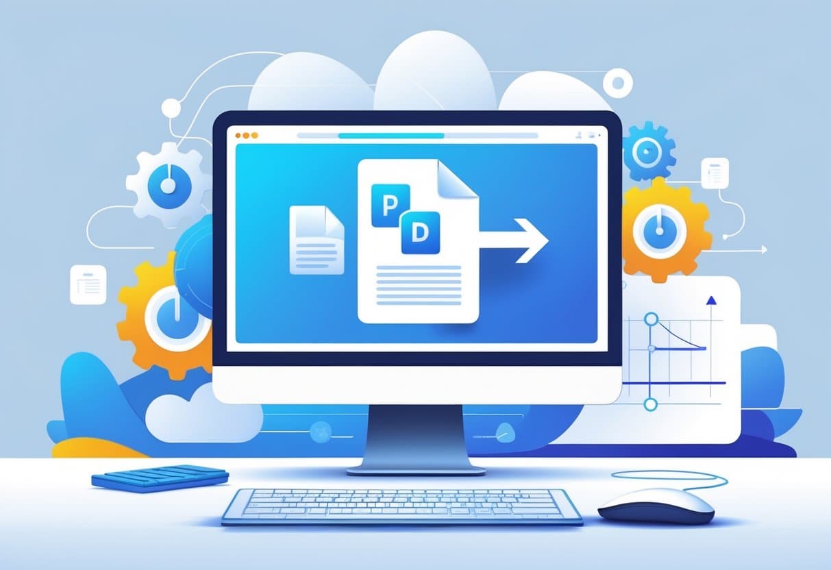 A computer screen showing a PDF icon with a downward arrow, surrounded by gears and sliders, representing compressing a PDF file.