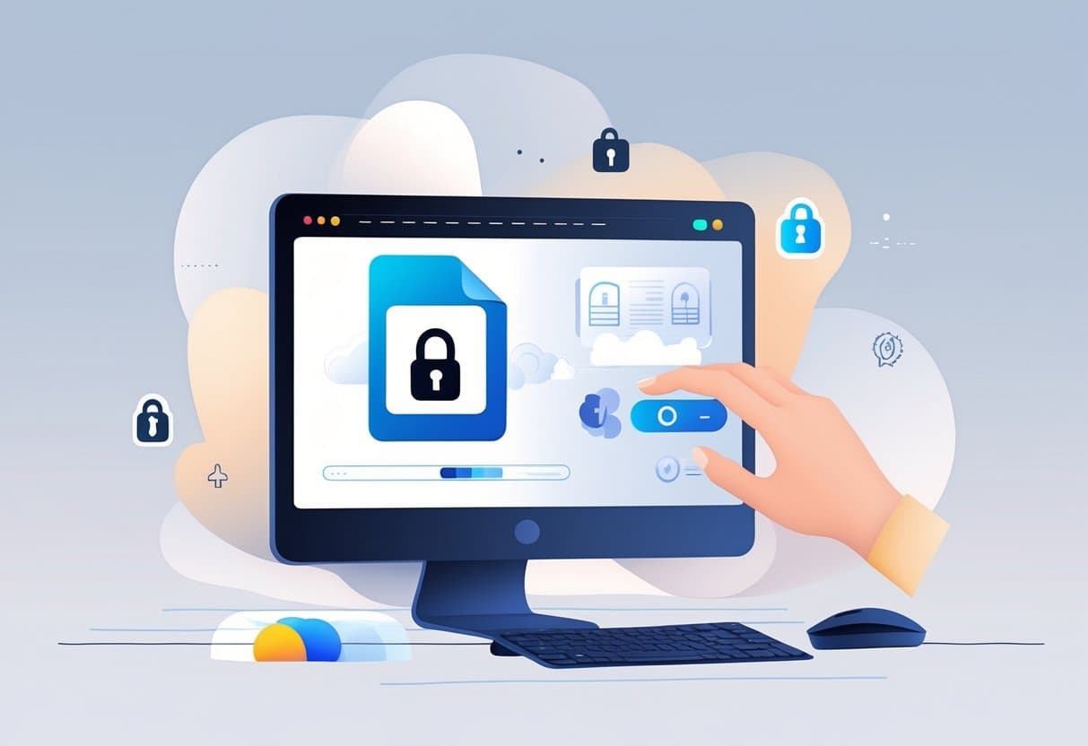 A computer screen showing a PDF icon with a padlock being unlocked, with a hand interacting with the mouse, symbolizing removing a password from a PDF.