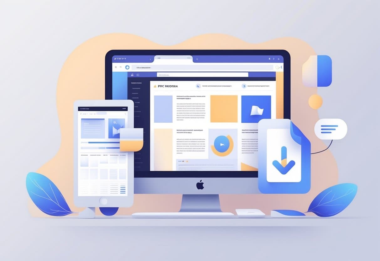 A computer screen showing a webpage and a floating PDF icon with a downward arrow, representing saving a webpage as a PDF.