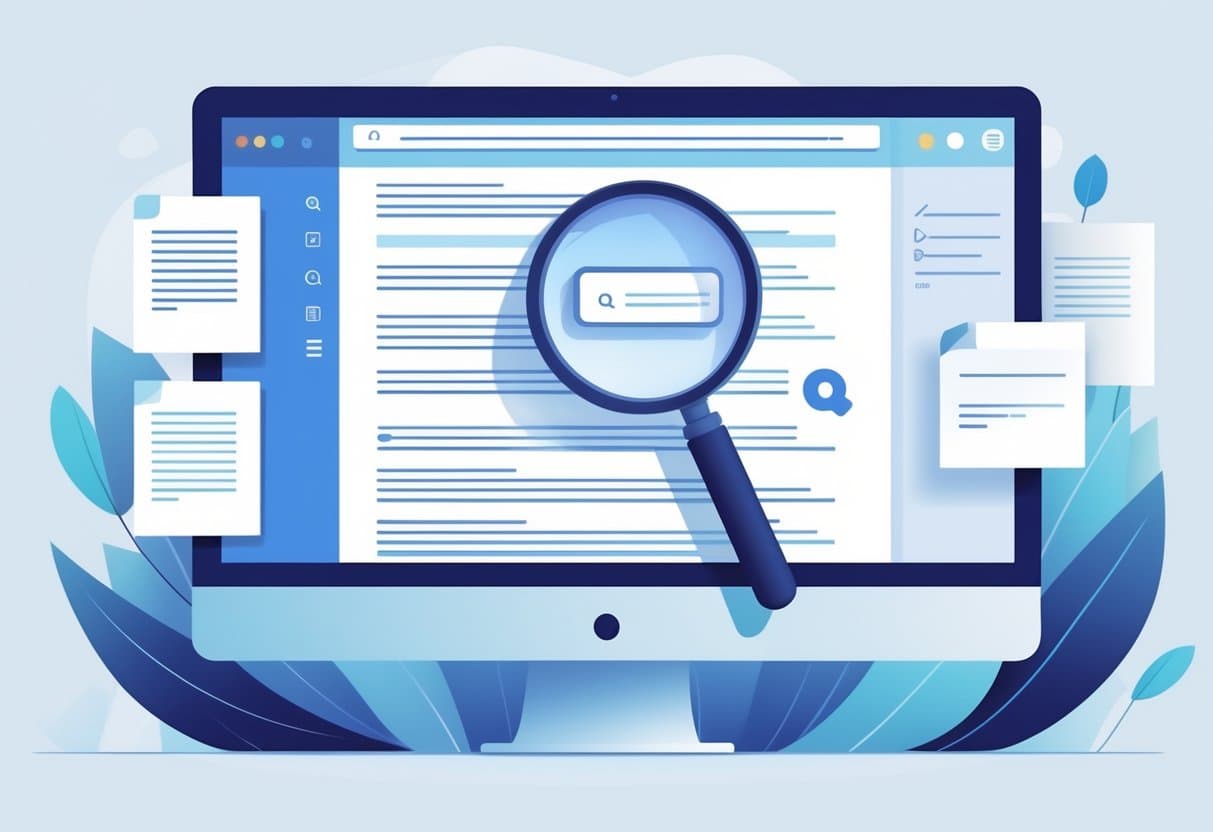 A computer screen displaying an open PDF document with a magnifying glass highlighting text, representing searching within a PDF file.