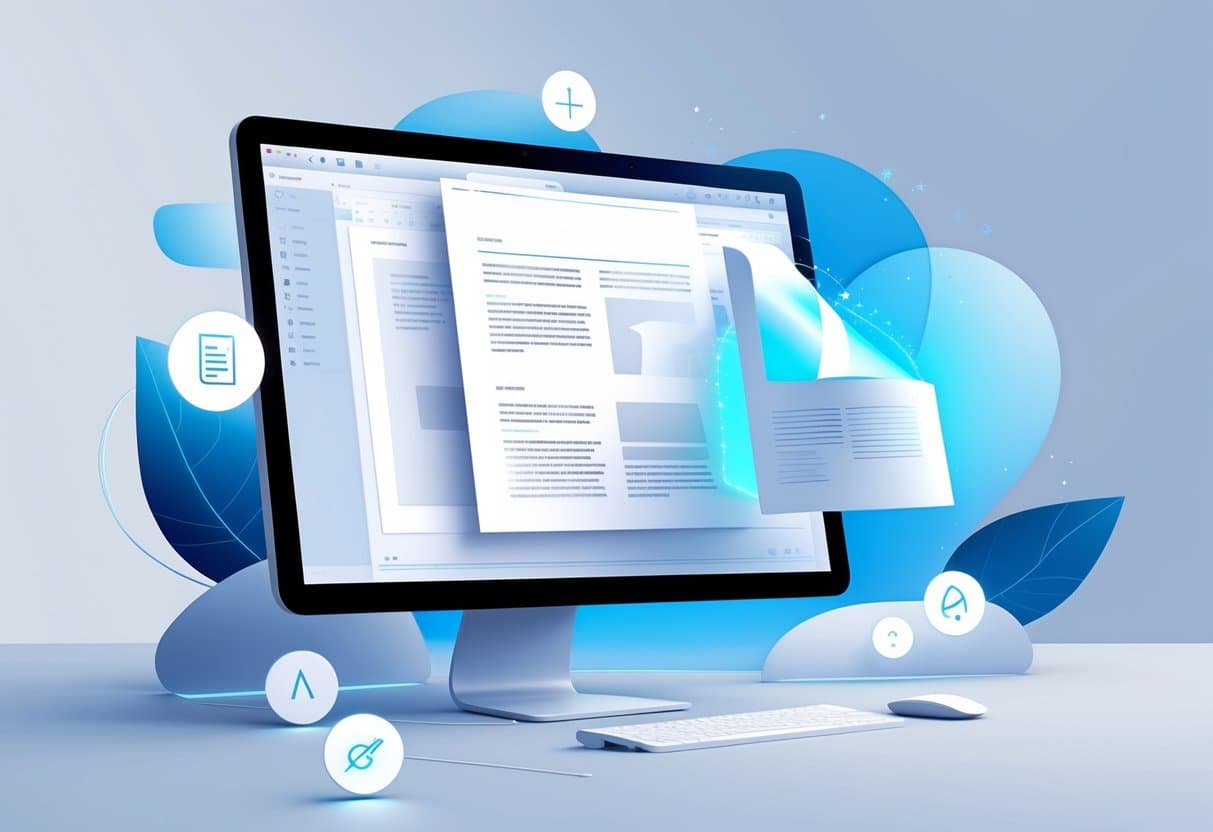 A computer screen showing a PDF document with one page being separated and removed, surrounded by icons representing editing tools.