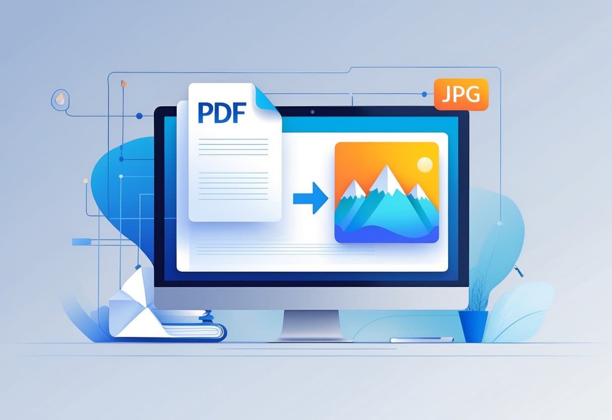 A computer screen showing an arrow from a PDF document icon to a JPG image icon, representing file conversion.