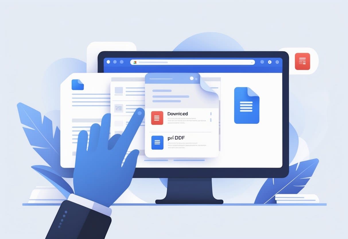 A computer screen showing a Google Docs document with a cursor selecting the option to download the file as a PDF.