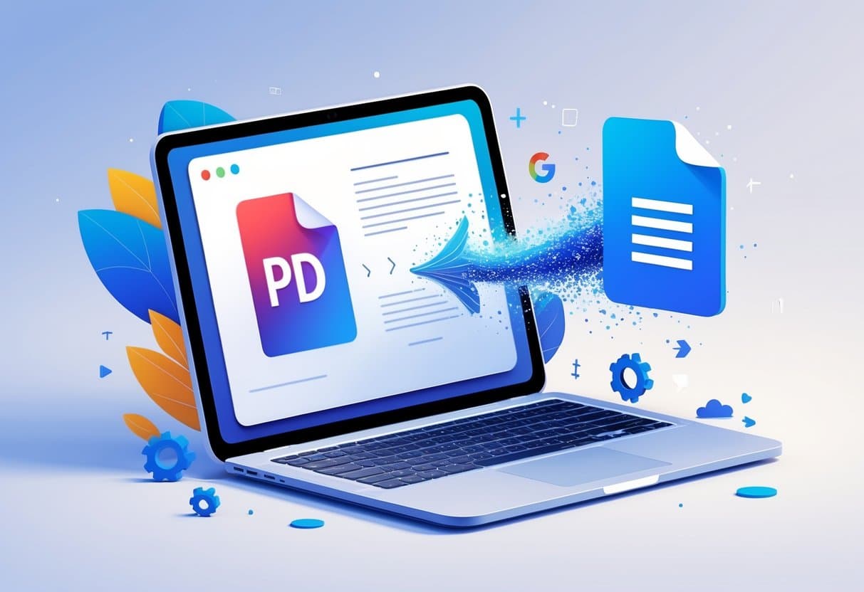 A laptop screen showing a red PDF icon transforming into a blue Google Docs icon with an arrow between them, surrounded by digital symbols representing file conversion.