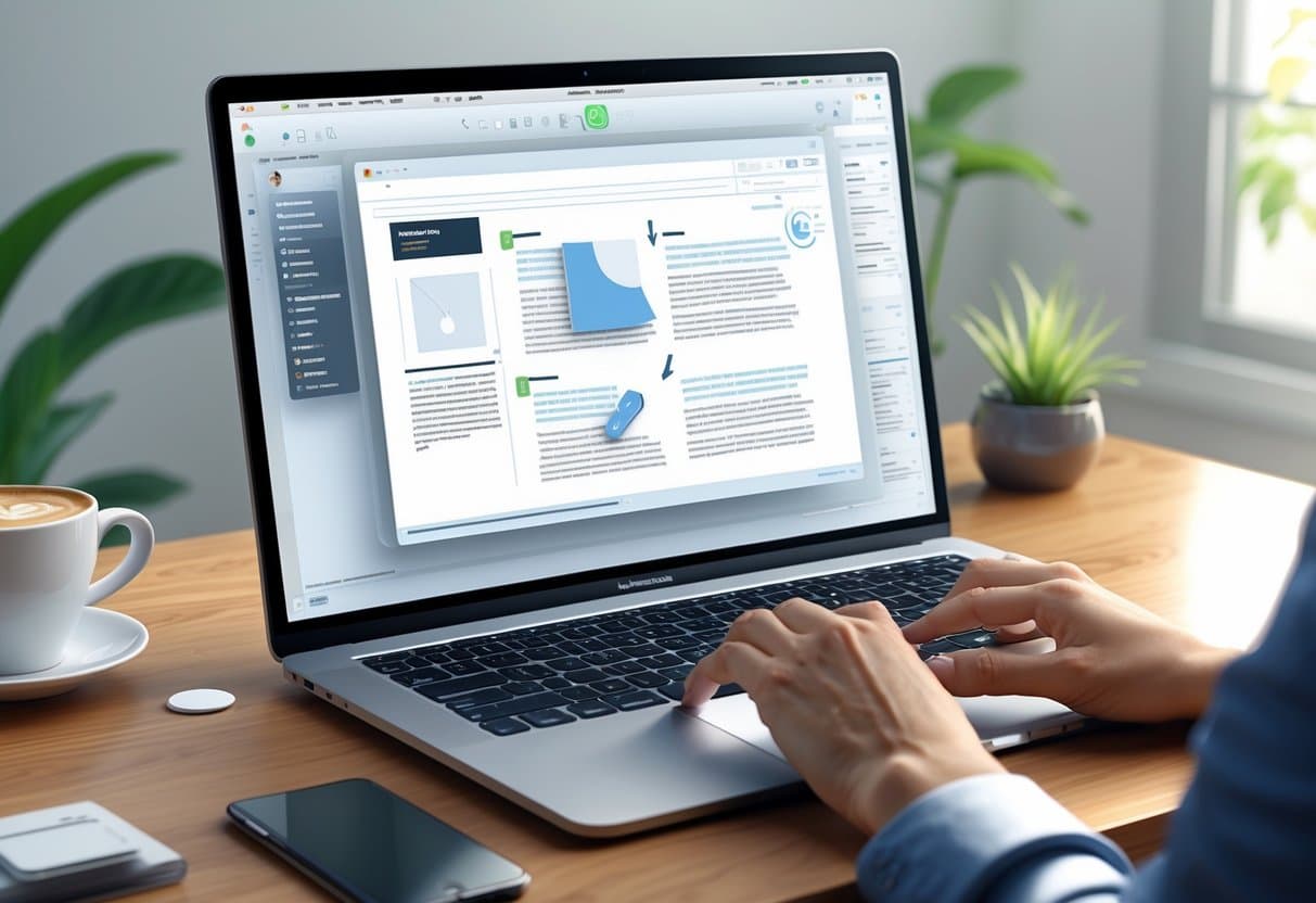 A MacBook laptop on a desk with a PDF document open and editing tools visible on the screen, a hand using the trackpad, with a coffee cup and plant nearby.