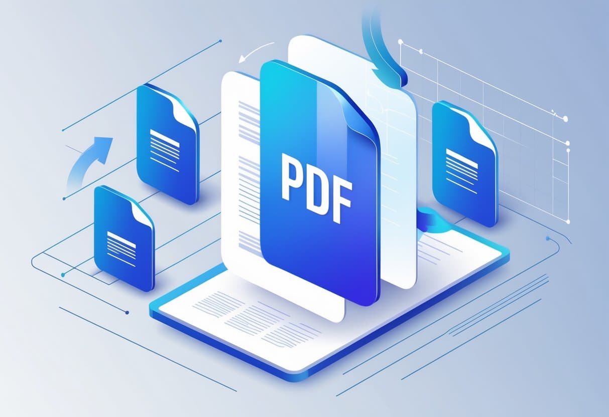 A digital workspace showing a large PDF file icon being divided into several smaller document icons with arrows indicating separation.