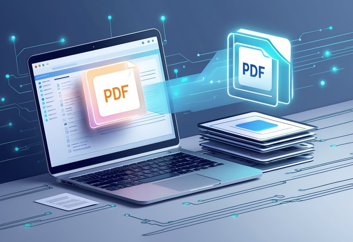 A laptop with various document icons transforming into a single PDF icon above the keyboard, set in a digital workspace.